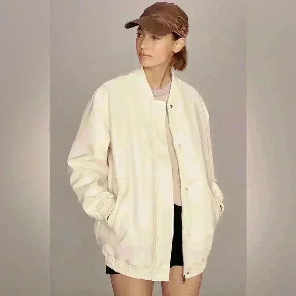 Maeve by Anthropologie ivory women's Oversized Faux Leather Bomber Jacket size L - Picture 1 of 13